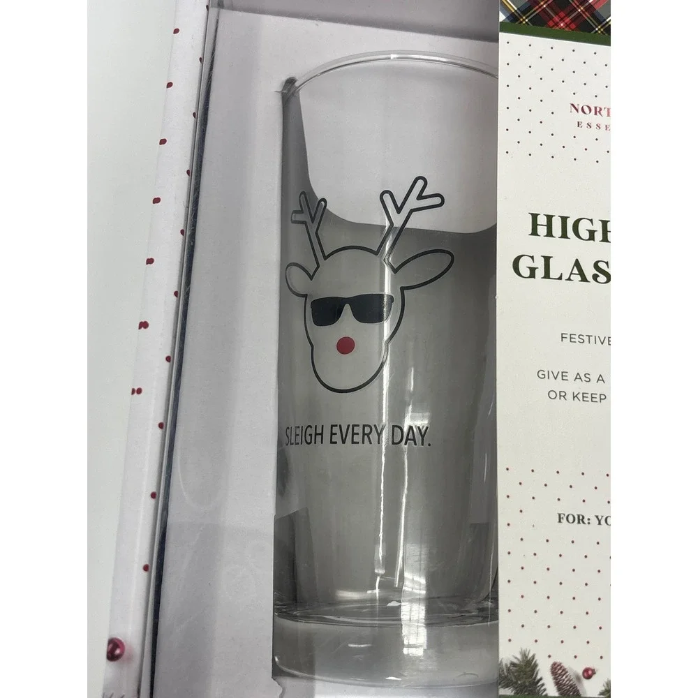 North Pole Essentials Christmas Highball Glasses 2 Pack 14oz Santa Reindeer New